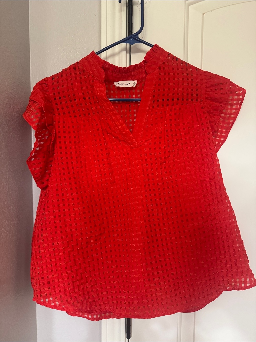 Red Openwork V-Neck Short Sleeve Blouse